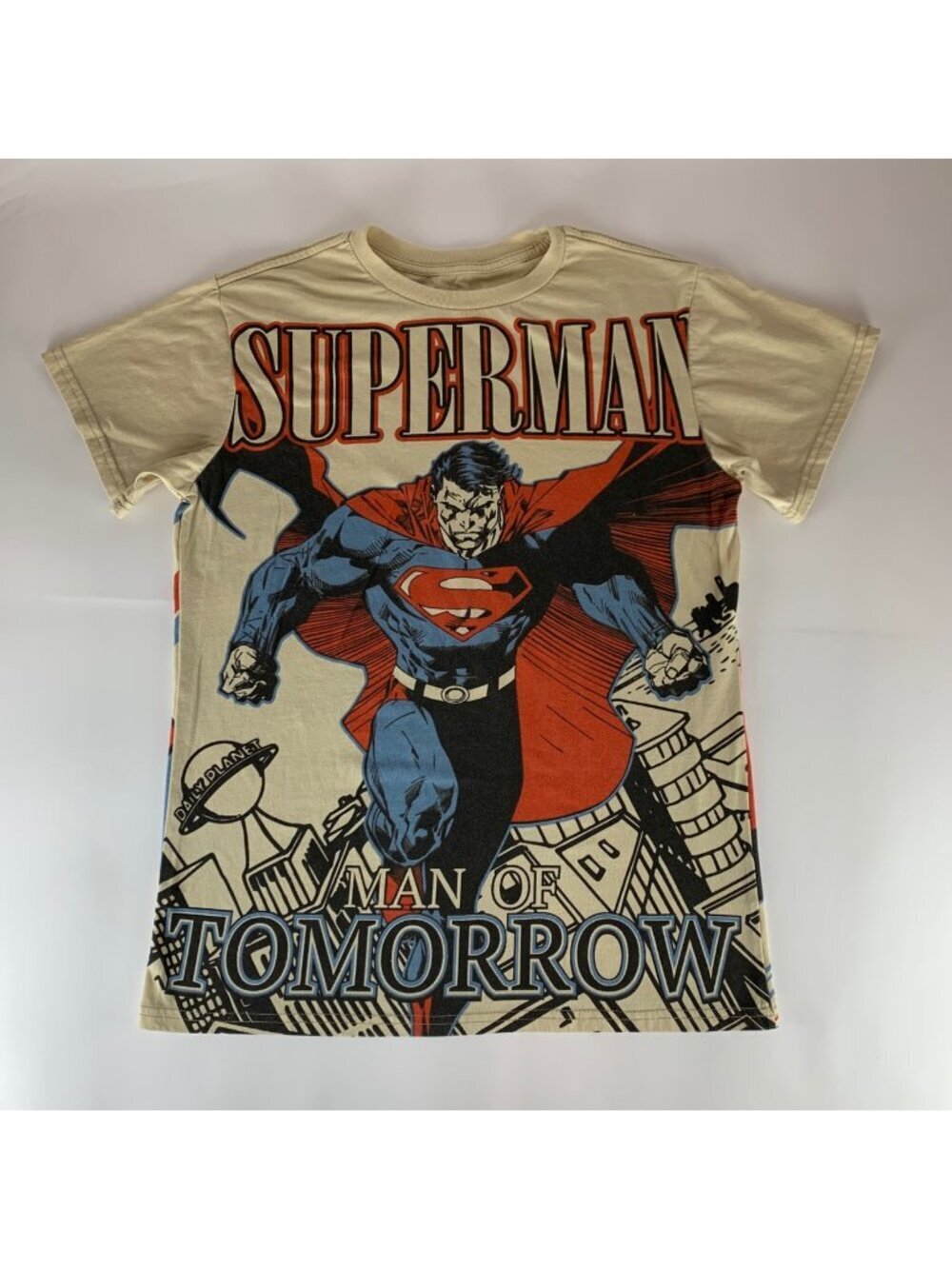 Superman Man of Tomorrow DC Cream Colored Short Sleeve Shirt Mens Large READ